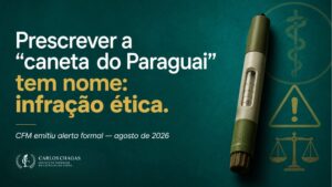 símbolo de alerta sobreposto a caneta injetora — vedação CFM à tirzepatida sem registro Anvisa, agosto de 2026